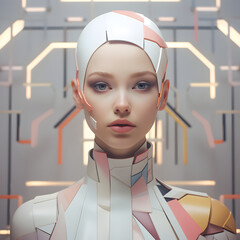 Beautiful makeup of a young woman with a futuristic outfit. Head and wardrobe  decorated with geometric shapes in pastel colors. Pop art style.