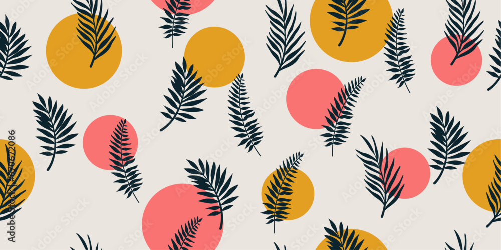 Poster white background and bright shapes with plant leaves. silhouettes of branches with leaves on a backg
