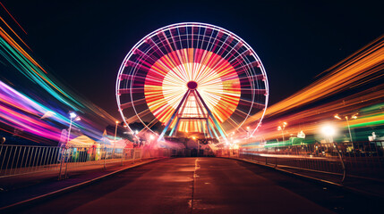 Fototapeta na wymiar A captivating long-exposure pic displaying the alluring streaks of vivid illumination emanating from a carrousel against the vivid fairground ambience.
