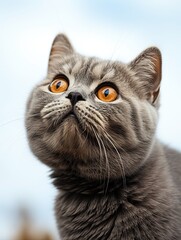 The grey kitten of the British breed looks up curiously and shows an emotion of great surprise and interest. Generated by AI.