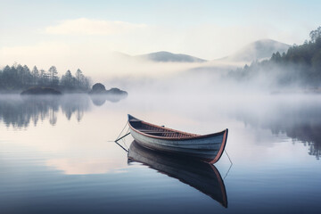 A Single Rowboat on a Calm Lake, Beautiful landscape 