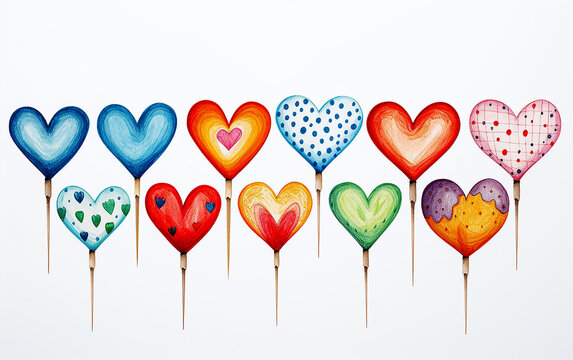 Colored hearts painted inside with different patterns. Pencil drawing of hearts on sticks on a white background. Harvesting cards for Valentine's Day. Place for text, copy space.