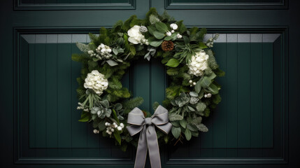 A wreath made of fresh green spruce branches with white flowers, green leaves and a gray bow on a green fornt door background.