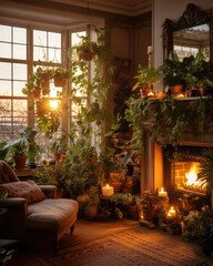 Fototapeta premium Cozy bohemian bedroom with warm lights illustration made with Generative AI