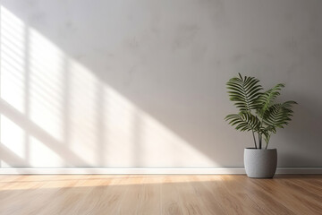 Fototapeta na wymiar Modern beige Interior with geometrical sunlight, shadows and natural houseplant. Empty wall mockup
