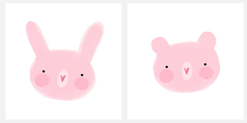 Cute Hand Drawn Bear and Rabbit. Watercolor Painting-Like Head of Teddy Bear and Bunny Toy on a White Background. Doodle Style Funny Freehand Baby Bear. Funny Bunny. Woodland Animal. Wild Thing. RGB.