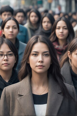 Obraz premium Large group of people standing in the street with focus on woman looking at camera