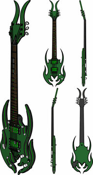 Instrumento de cuerda de  guitarra eléctrica con vistas lateral, frontal, superior e inferior.