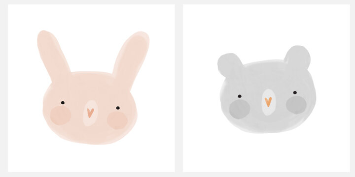 Cute Hand Drawn Bear and Rabbit. Watercolor Painting-Like Head of Teddy Bear and Bunny Toy on a White Background. Doodle Style Funny Freehand Baby Bear. Funny Bunny. Woodland Animal. Wild Thing. RGB.