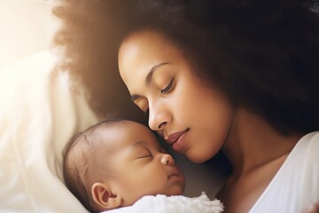 African American mom shares moment with child nestled in arms in tender care and warmth. Loving...