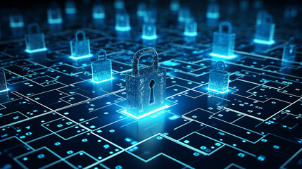 background concept of data protection and cybersecurity technology privacy. There is a key on the right hand side. against a dark blue background.