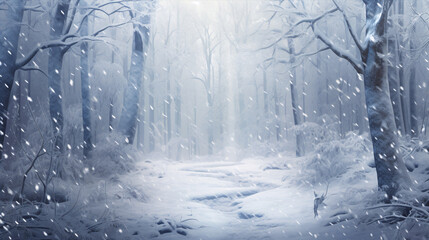 A wintery fantasy wood with snowflakes cascading.