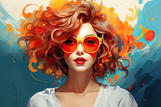 Fashionable woman with glasses. Bright portrait of a teenage girl. Young woman avatar in minimal art style