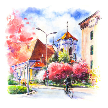 Watercolor sketch of Old town of Poznan in spring, Poland