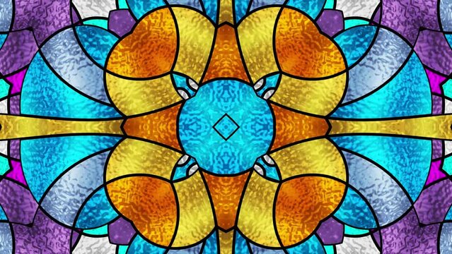 Christmas party background with stained glass window. Light. Seamless looping multicolor animation footage. Kaleidoscopic dynamic background. Dj loop. Optical illusions. Vj loops. Transformations. 4K 