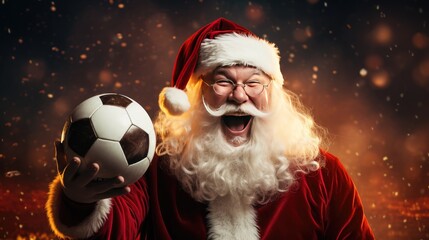 A cheerful and energetic Santa Claus, in a vibrant maroon and red environment, excitedly plays with a soccer ball