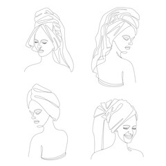 Collection. Silhouettes of a girl's head in a turban, a scarf, a towel. Woman face in modern one line style. Solid line, outline for decor, posters, stickers, logo. Vector illustration set.