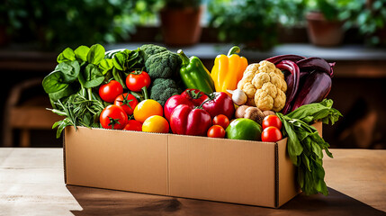 Box full of food in concept delivery and donation box. Cardboard box full of colorful fresh vegetables on blurry background. No people. Close-up. Copy space. - obrazy, fototapety, plakaty