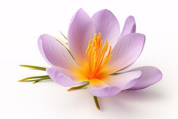 An isolated Crocus sativus blossom on a white backdrop.