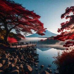 Autumnal colors, Mount Fuji, morning fog, and crimson leaves by a lake. 