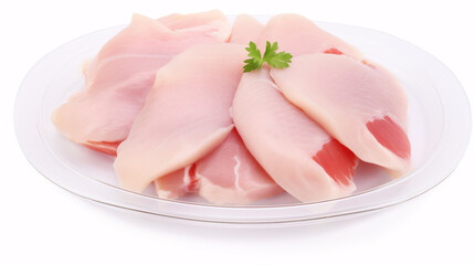 Plated uncooked poultry fillets, chicken breast steaks, on a pristine white surface.