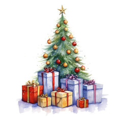 Fototapeta na wymiar Watercolour Christmas tree with presents on an isolated white background