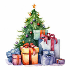 Watercolour Christmas tree with presents on an isolated white background