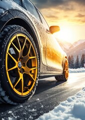 Luxury winter sports car tires near snowy road high in mountains. Generatve Ai