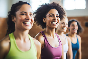 Diverse collection of individuals from different cultures working out in fitness studio. Smiling women from various cultural communities come to exercise in fitness studio showing diversity.