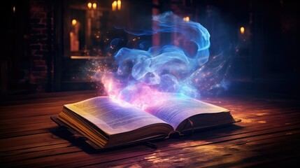 Delve into the enchanting world of magic with an opened book radiating mystical lights, where the ancient secrets of wizardry come to life