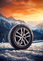 Fototapeta premium Luxury winter sports car tires near snowy road high in mountains. Generatve Ai