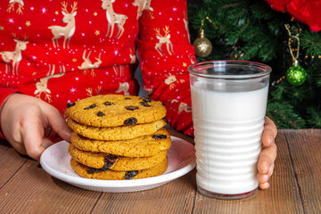 Girl preparing cookies and milk for Santa