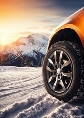 Fototapeta na wymiar Luxury winter sports car tires near snowy road high in mountains. Generatve Ai