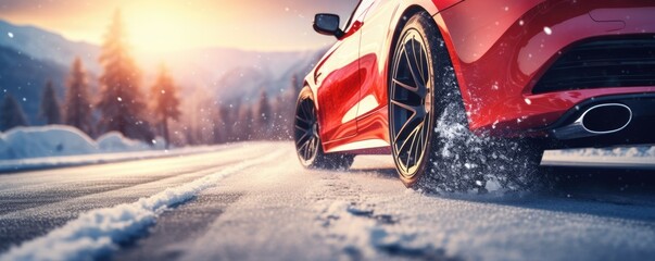 Luxury winter sports car tires near snowy road high in mountains, panorama. Generatve Ai - obrazy, fototapety, plakaty