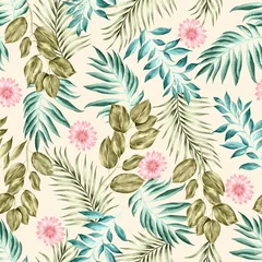 Tuinposter Watercolor leaves pattern, blue and green foliage, pink flower, white background, seamless © Leticia Back