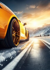 Luxury winter sports car tires near snowy road high in mountains. Generatve Ai