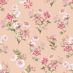 Watercolor flowers pattern, red tropical elements, green leaves, yellow background, seamless