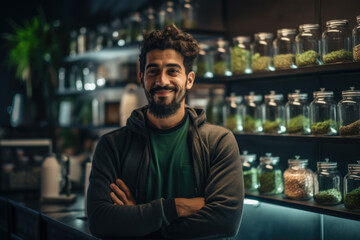 Smiling owner of cannabis dispensary or coffee shop - obrazy, fototapety, plakaty