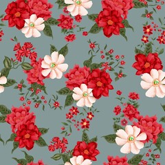 Watercolor flowers pattern, red Christmas tropical elements, green leaves, blue background, seamless