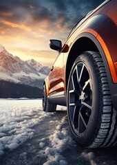 Fototapeta na wymiar Luxury winter sports car tires near snowy road high in mountains. Generatve Ai