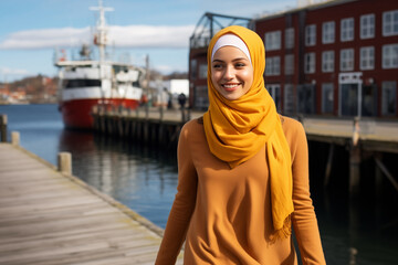 Attractive Muslim woman in yellow hijab walks along the pier
