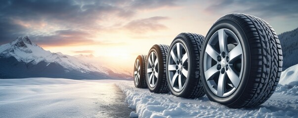 Luxury winter sports car tires near snowy road high in mountains, panorama. Generatve Ai