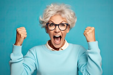 A striking portrait of an older Caucasian woman reveals her strong emotions through powerful, angry facial expressions and gestures against a blue background.