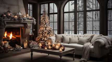 Cozy Christmas Living Room with Snowy Views