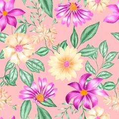 Watercolor flowers pattern, pink and yellow tropical elements, green leaves, pink background, seamless