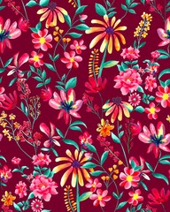 Watercolor flowers pattern, colorful tropical elements, green leaves, red background, seamless