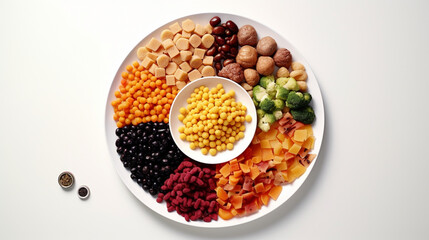 Colorful Carbohydrate food with white background and warm light for product presentation in top view. Created using generative AI.