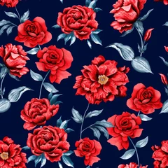 Zelfklevend Fotobehang Watercolor flowers pattern, red roses, green leaves, navy blue background, seamless © Leticia Back