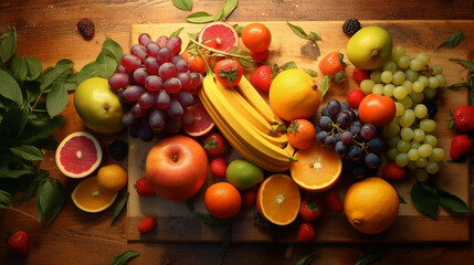 Top view fruit nutrition food on the table and kitchen background with sunny rays for advertise. Created using generative AI.