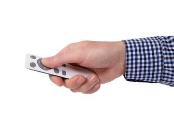 A man's hand in a checkered shirt holds a modern universal device control panel.